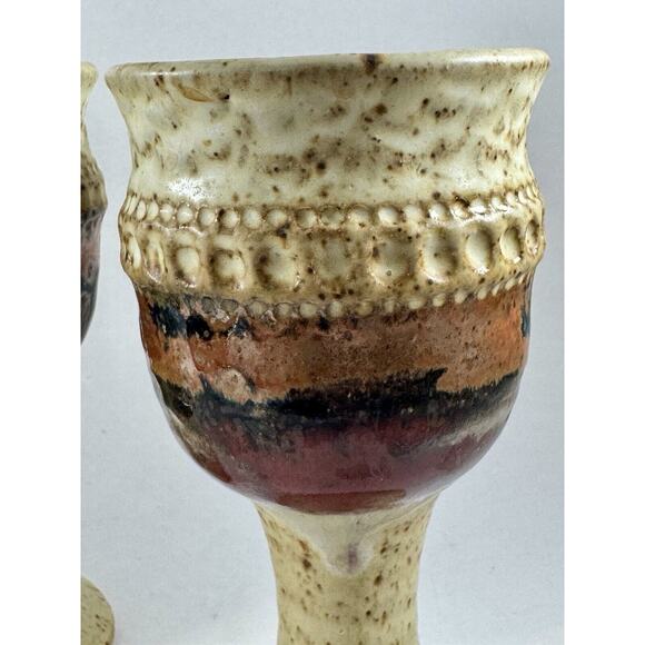 Leon Kula Studio Art Pottery Stoneware Decanter 2 Wine Goblets Signed Vintage - Picture 4 of 8